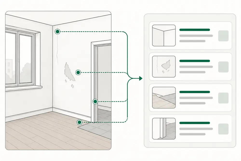 An illustration connecting visible room conditions to an organized photographic report.