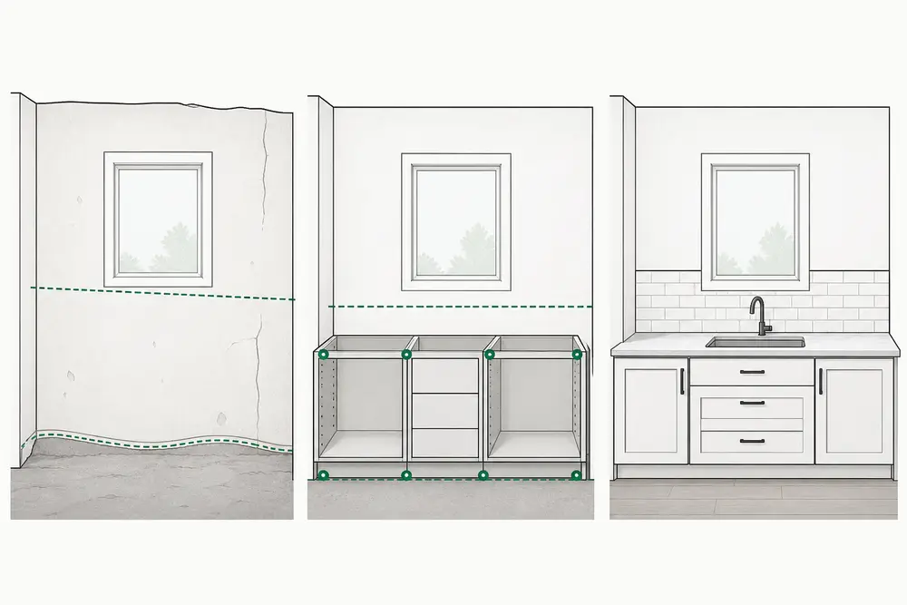 A three-stage illustration of wall and floor conditions, leveled cabinet boxes, then counter and finish coordination.