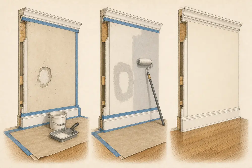 A technical illustration showing a protected floor, localized wall repair, primer and a finished wall junction.