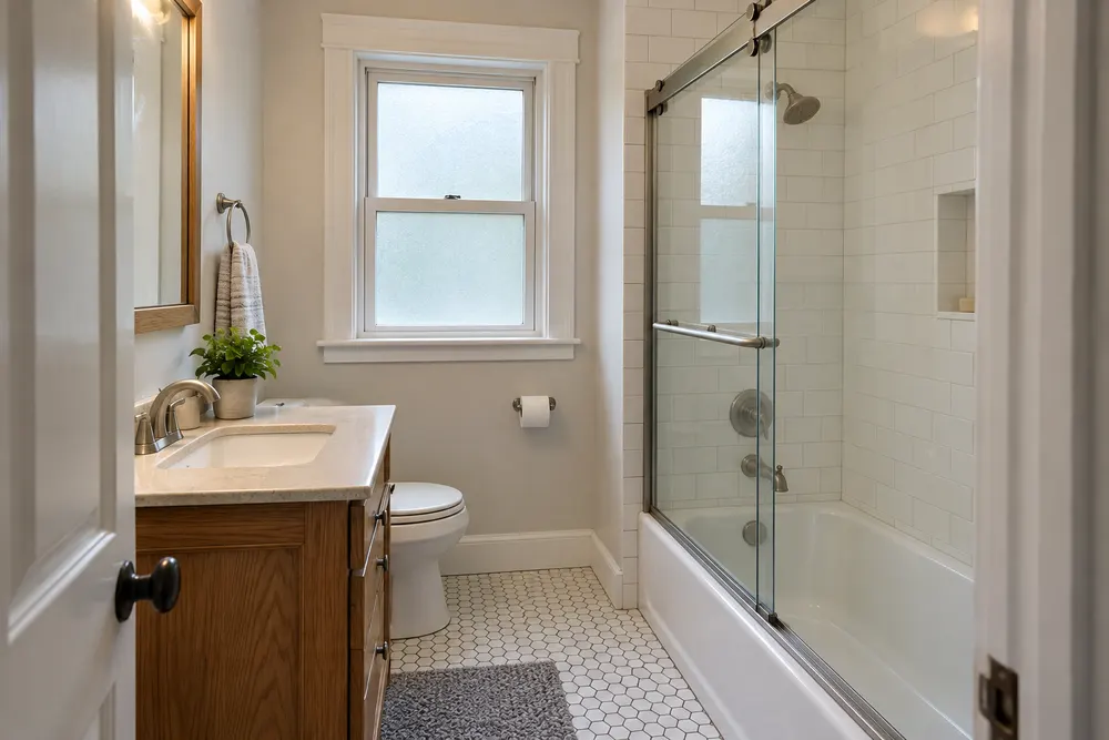 Bathroom with a tiled tub and shower, an oak vanity and a small hexagonal tile floor.