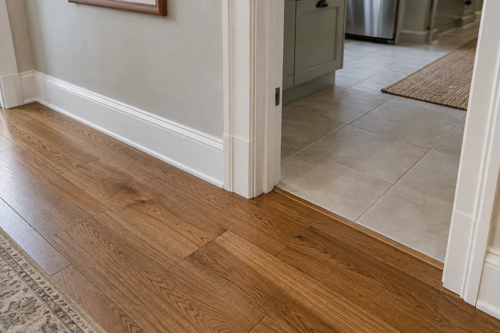 Flooring detail with oak planks, a tile transition and painted doorway trim.