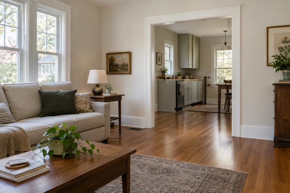 Home interior with oak flooring, painted walls and white trim around an opening to the kitchen.