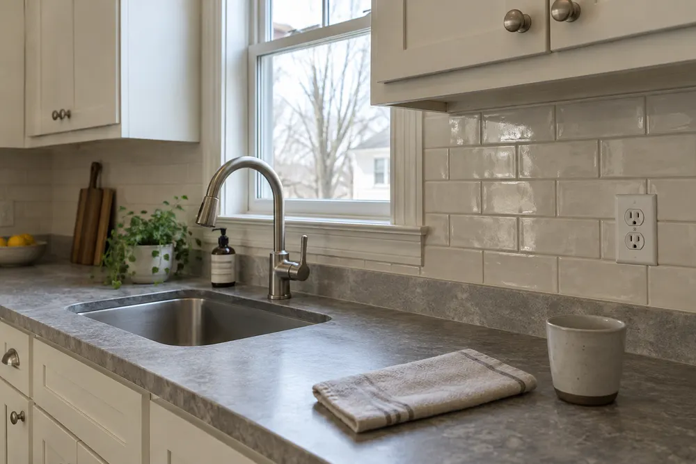 Kitchen detail showing a ceramic tile backsplash, painted cabinets and a sink beneath a window.