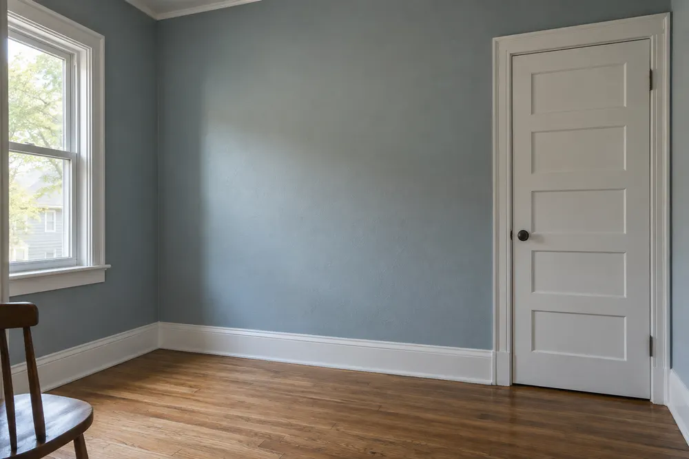 Painted room with blue-gray walls, white trim and a paneled interior door.